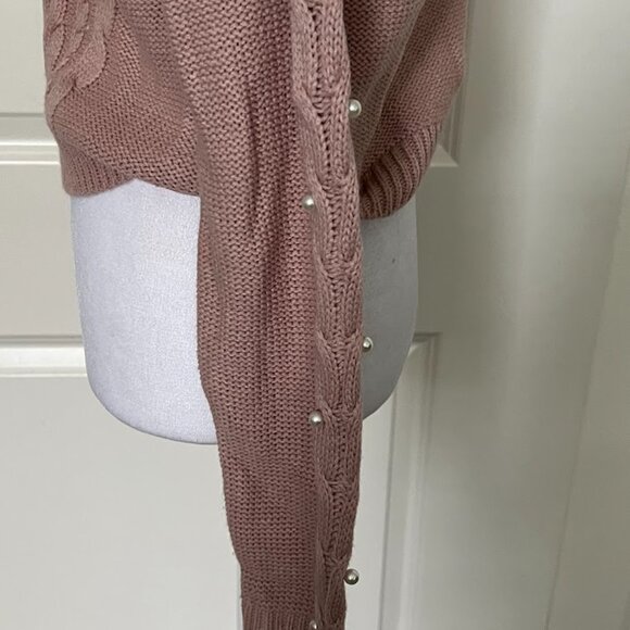 FRESHMAN Pink Cable Knit Pearl Beaded Long Sleeve Sweater Top Size Small - Picture 10 of 13